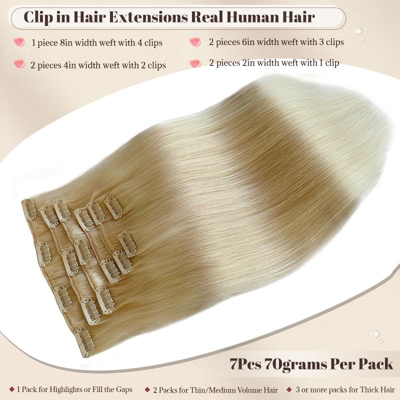 Licoville Blonde Clip in Hair Extensions Human Hair 15 Inch #60 Platinum Blond Real Human Hair Extensions Clips ins Thick Ends Soft Blonde Remy Hair Pieces for Thicker Look - Image 2